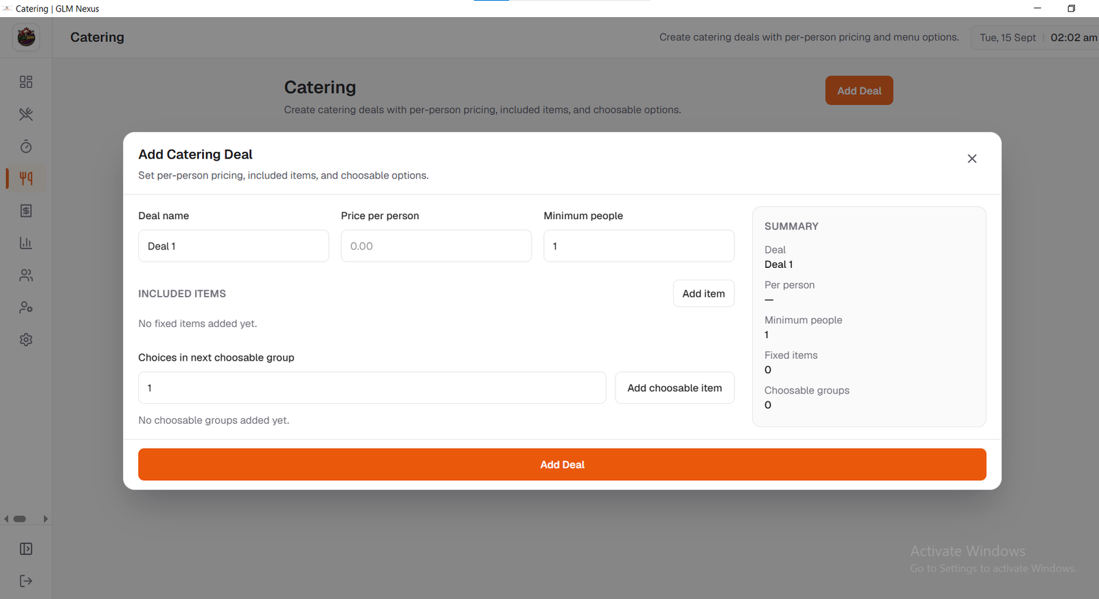 GLM Nexus catering management interface
