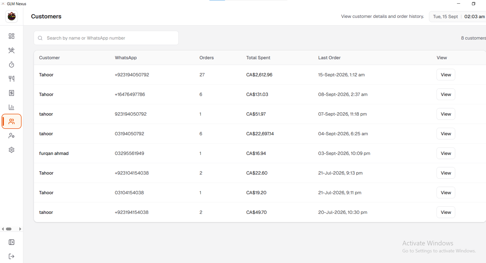 GLM Nexus customer management dashboard