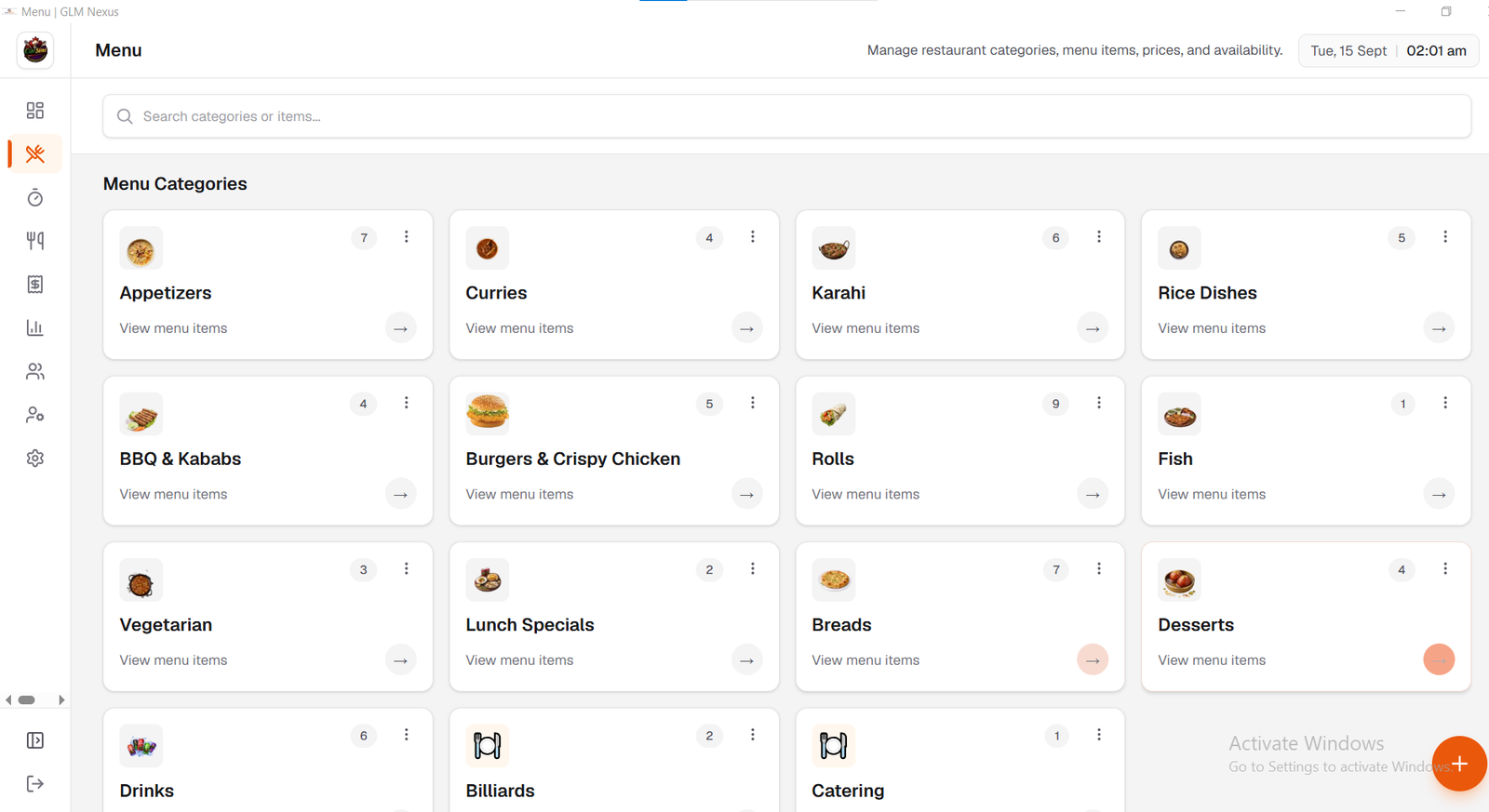 GLM Nexus menu management interface