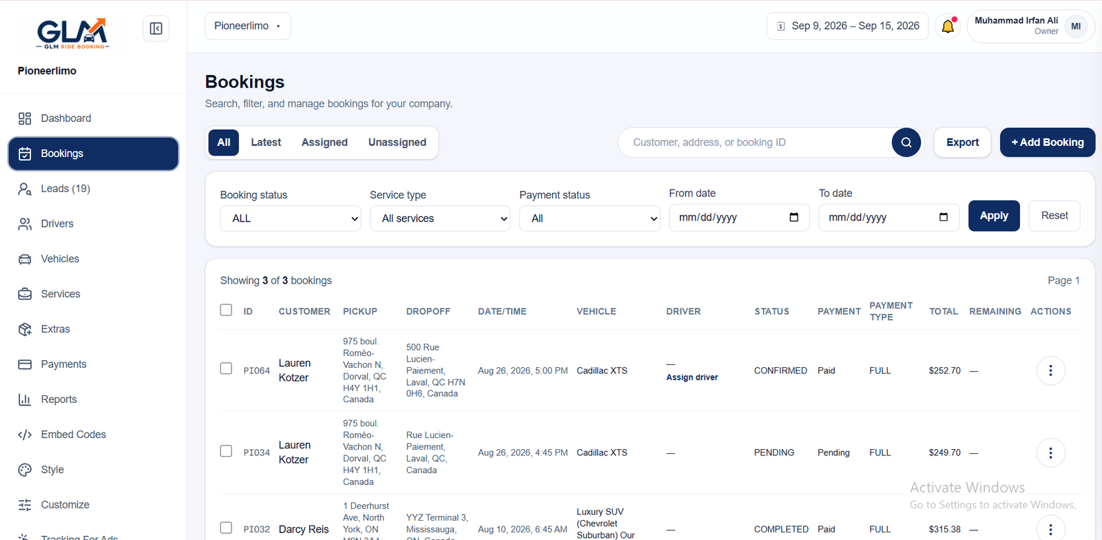 GLM Ride Booking bookings management tab