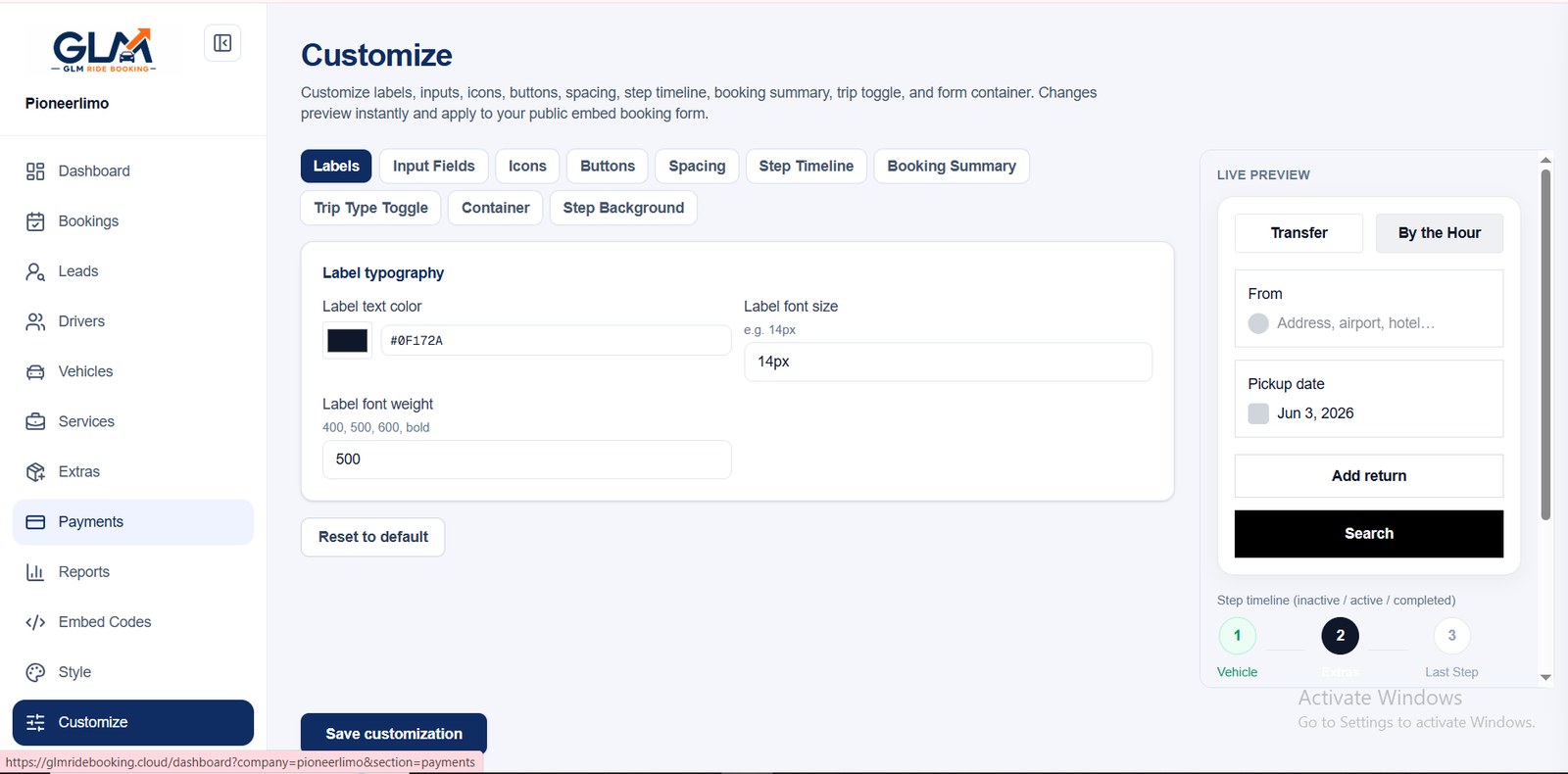 GLM Ride Booking form customization tab