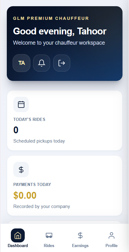 GLM Ride Booking driver portal dashboard