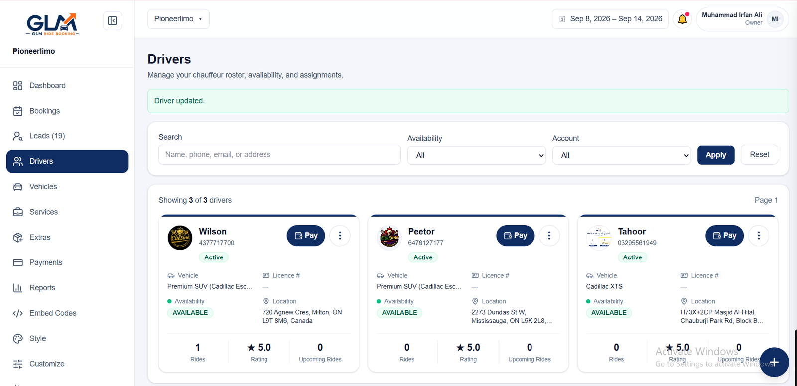GLM Ride Booking driver management tab