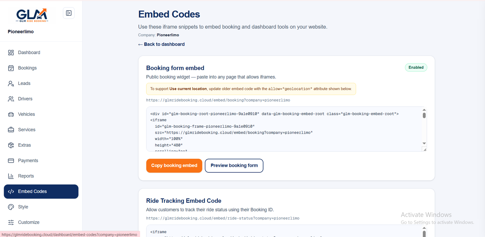 GLM Ride Booking website embed codes tab