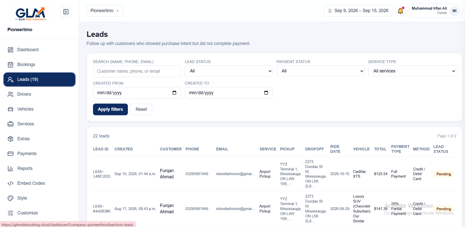 GLM Ride Booking leads management tab