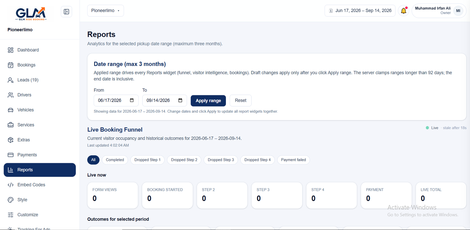 GLM Ride Booking reports and analytics tab