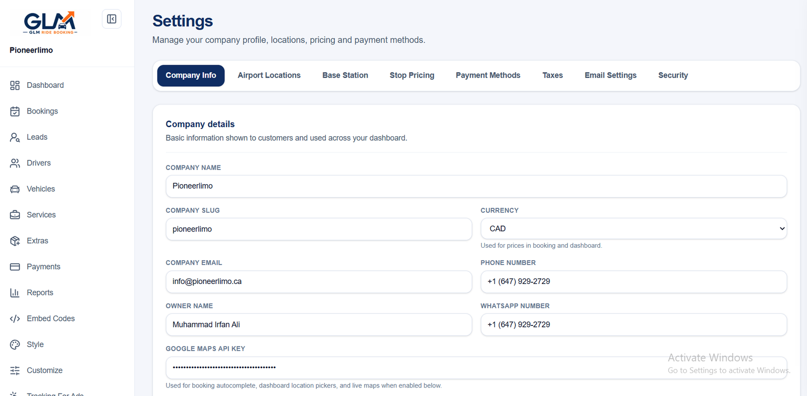 GLM Ride Booking business settings tab