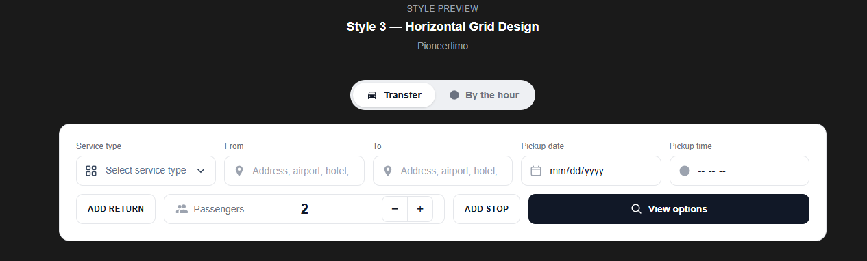 GLM Ride Booking form style 3 horizontal grid
