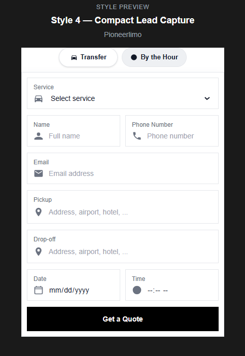GLM Ride Booking form style 4 quote capture