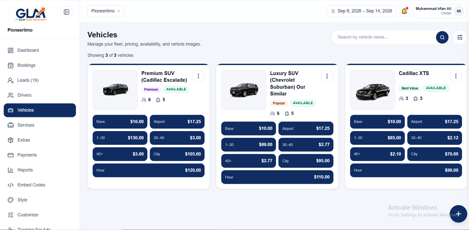 GLM Ride Booking vehicle and fleet management tab