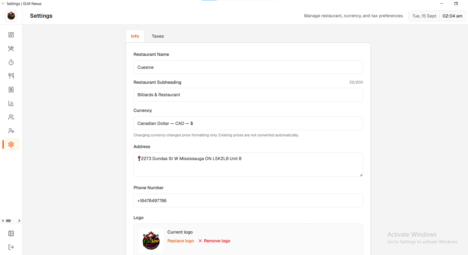 GLM Nexus restaurant settings dashboard