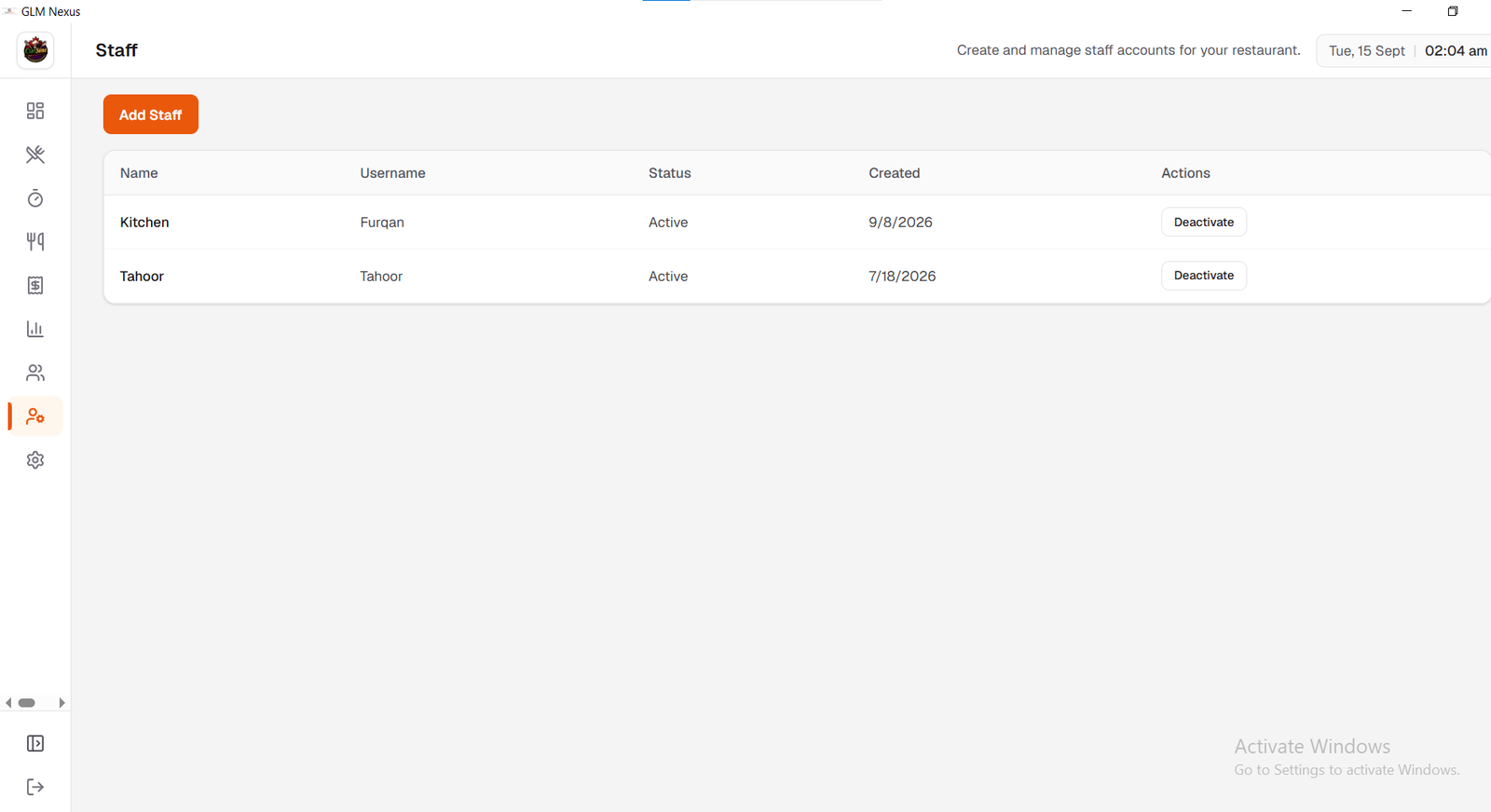 GLM Nexus staff management screen