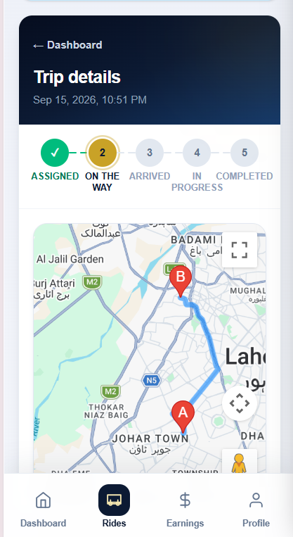 GLM Ride Booking driver trip details screen