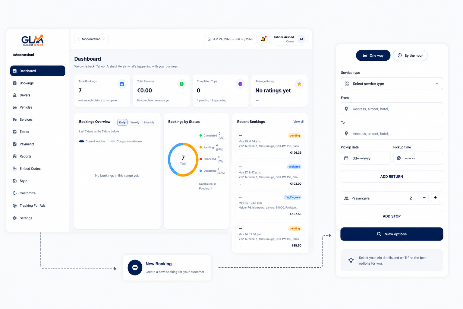 GLM Ride Booking platform dashboard and booking form preview
