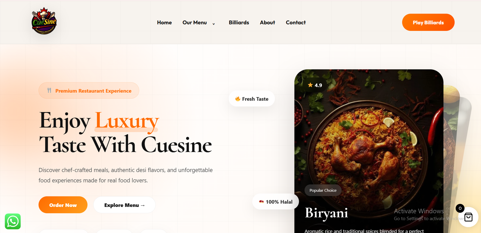 Cuesine restaurant website by GoLinkMedia