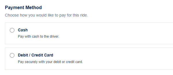 GLM Ride Booking payment methods including cash and card